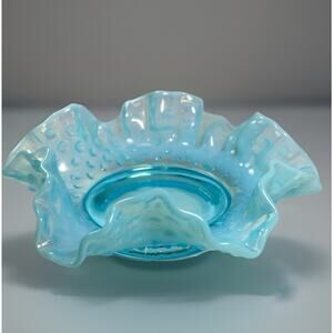 Vintage Fenton Turquoise Opalescent Hobnail BonBon Candy Dish Bowl Ruffled 6"